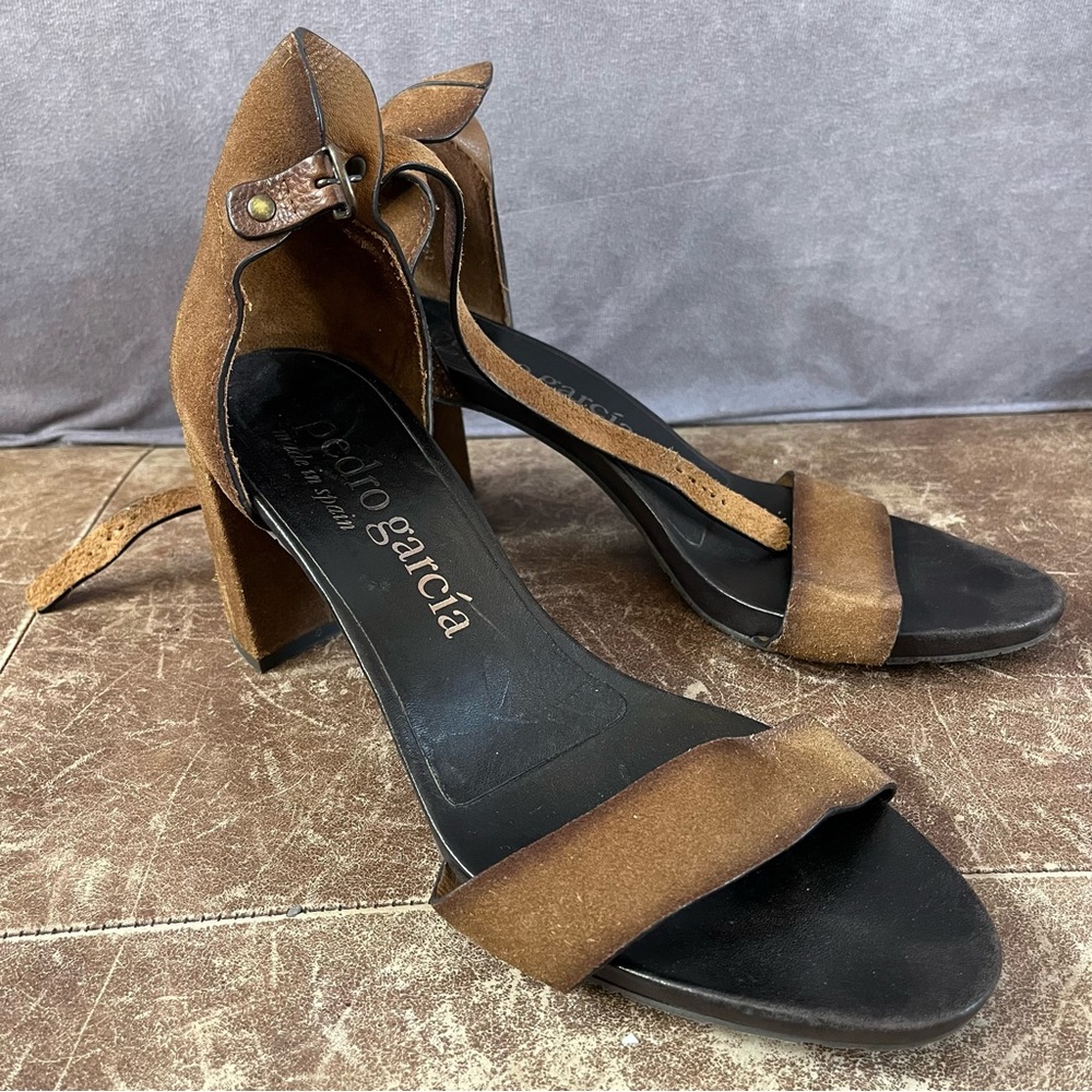 Pedro Garcia Block Heel Sandals Womens 42 Brown Suede Ankle Strap Made in Spain